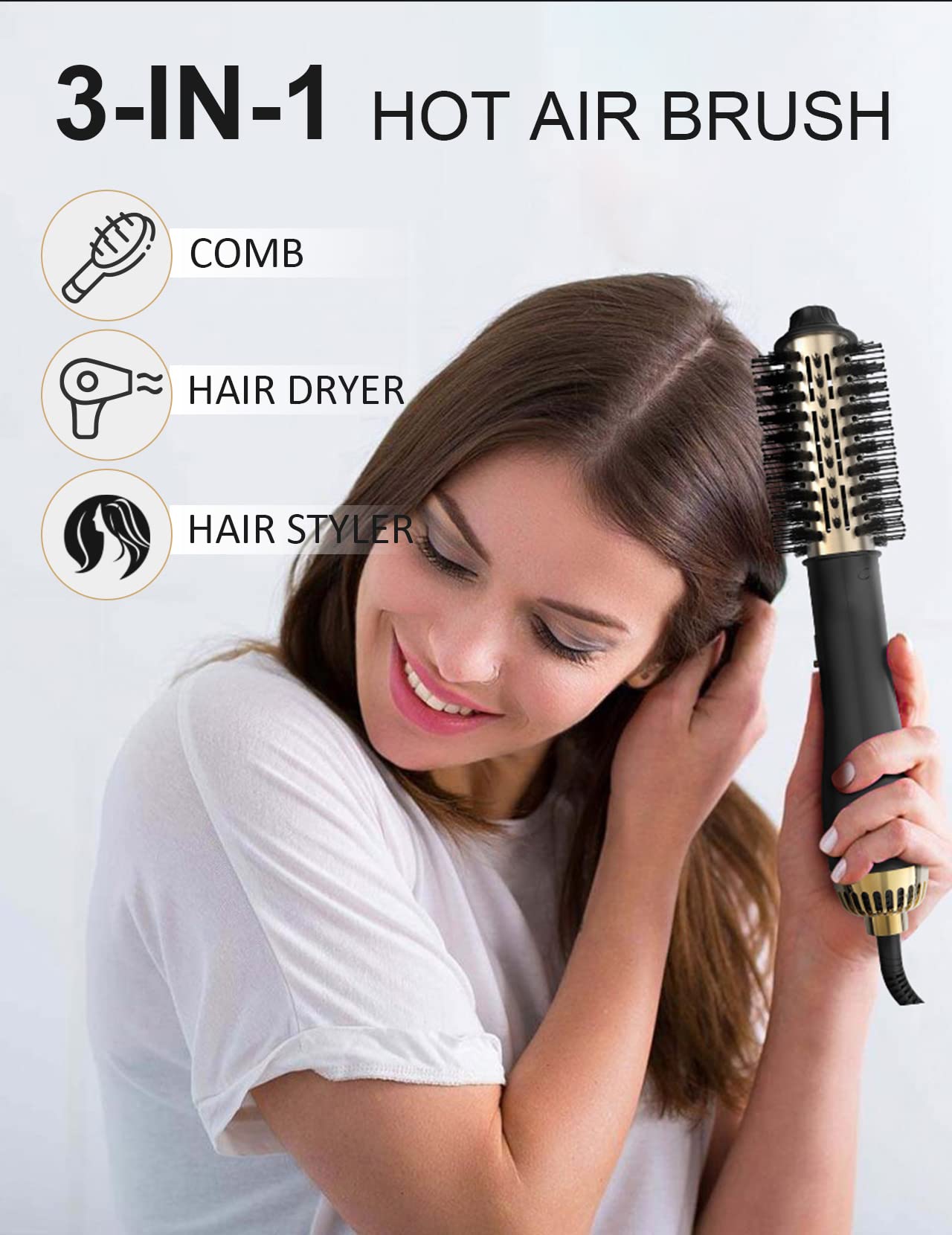 LANDOT 3-in-1 brush in action demonstrates drying, straightening, and volumizing possibilities.