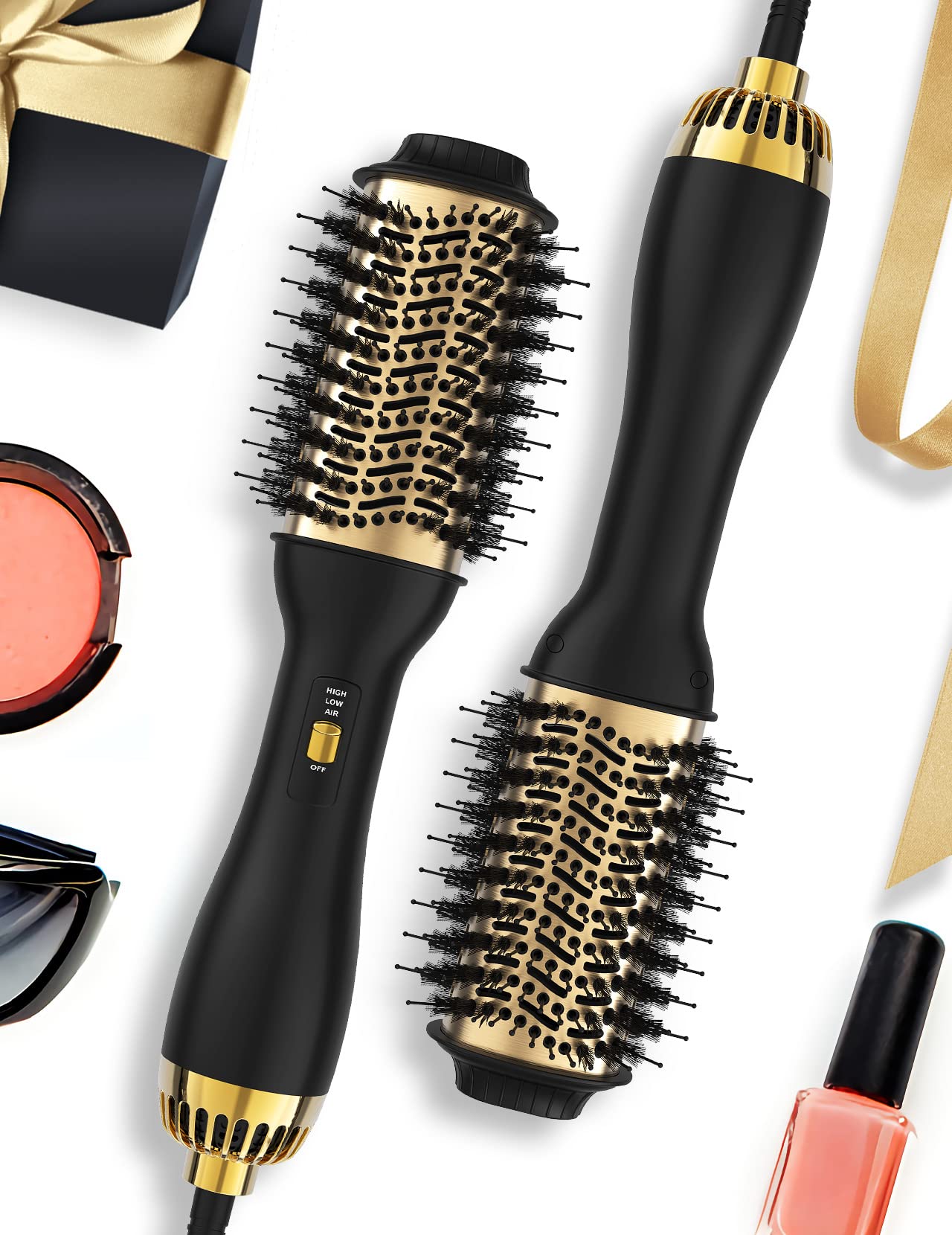LANDOT hot air blow dryer brush oval barrel closeup shows smooth, frizz-free styling potential.