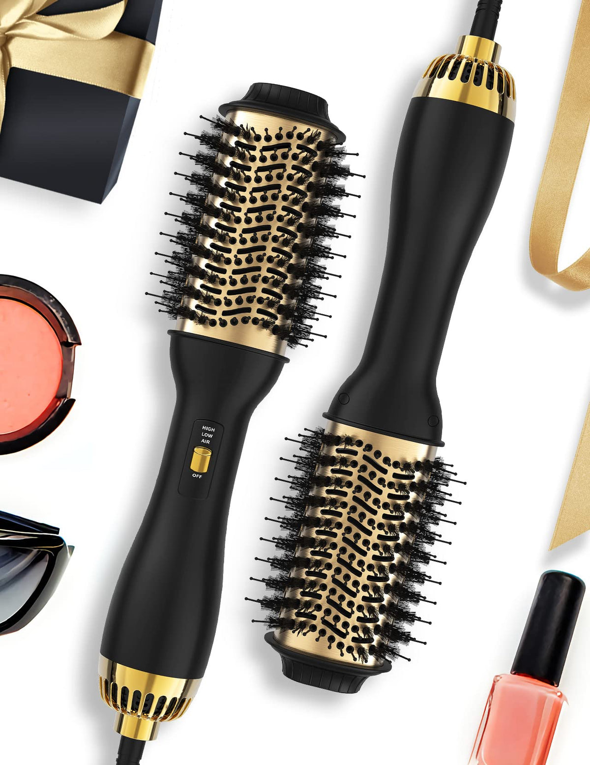 LANDOT hot air blow dryer brush oval barrel closeup shows smooth, frizz-free styling potential.