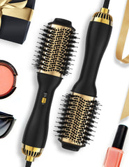 LANDOT hot air blow dryer brush oval barrel closeup shows smooth, frizz-free styling potential.