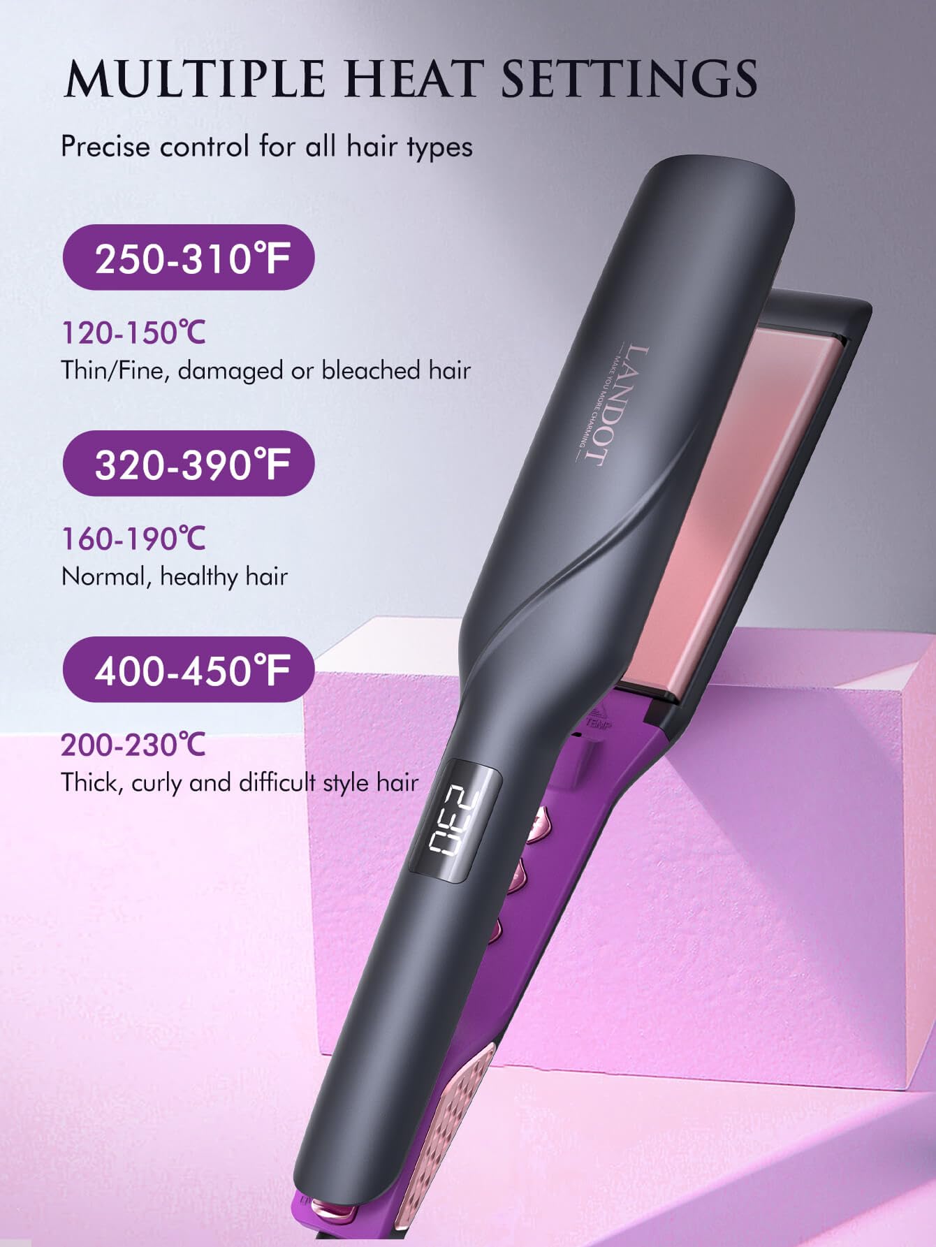 LANDOT Wide Flat Iron anti-static technology reduces static and flyaways