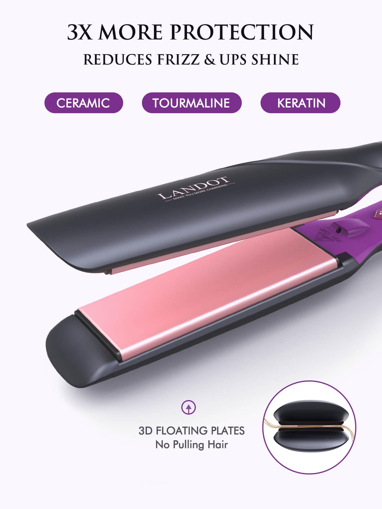 LANDOT Wide Flat Iron digital display shows precise heat setting