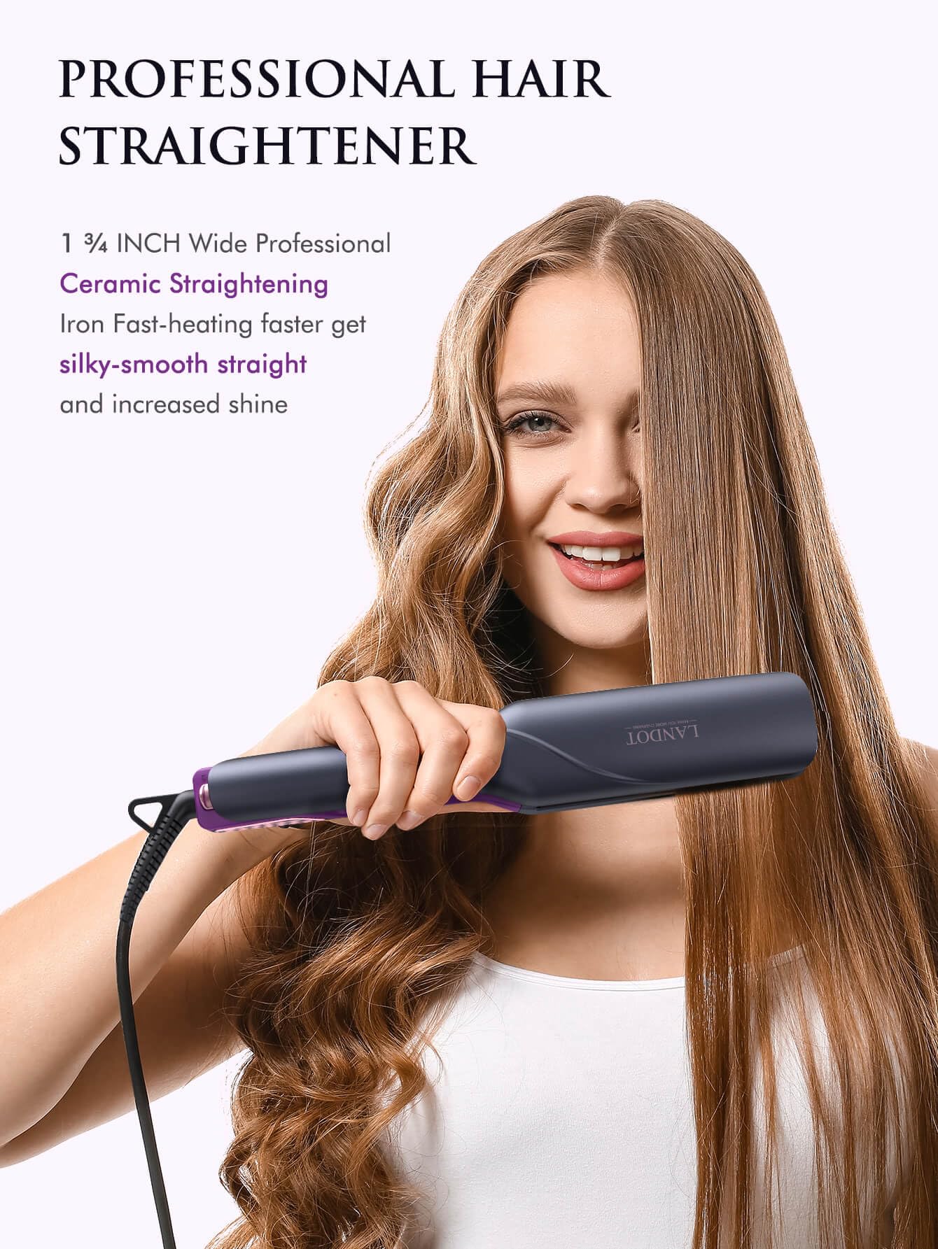 LANDOT Wide Flat Iron heat-up fast with 1.75-inch plates for quick styling