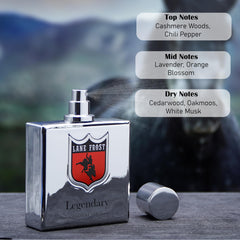 Lane Frost Legendary Chrome cedarwood base conveys warm, lasting woodsy notes.