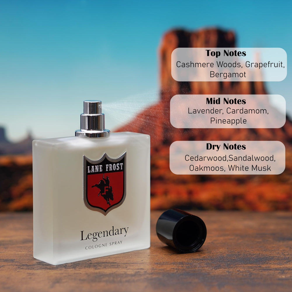 Lane Frost Legendary sandalwood and musk base creating warm woodsy appeal.