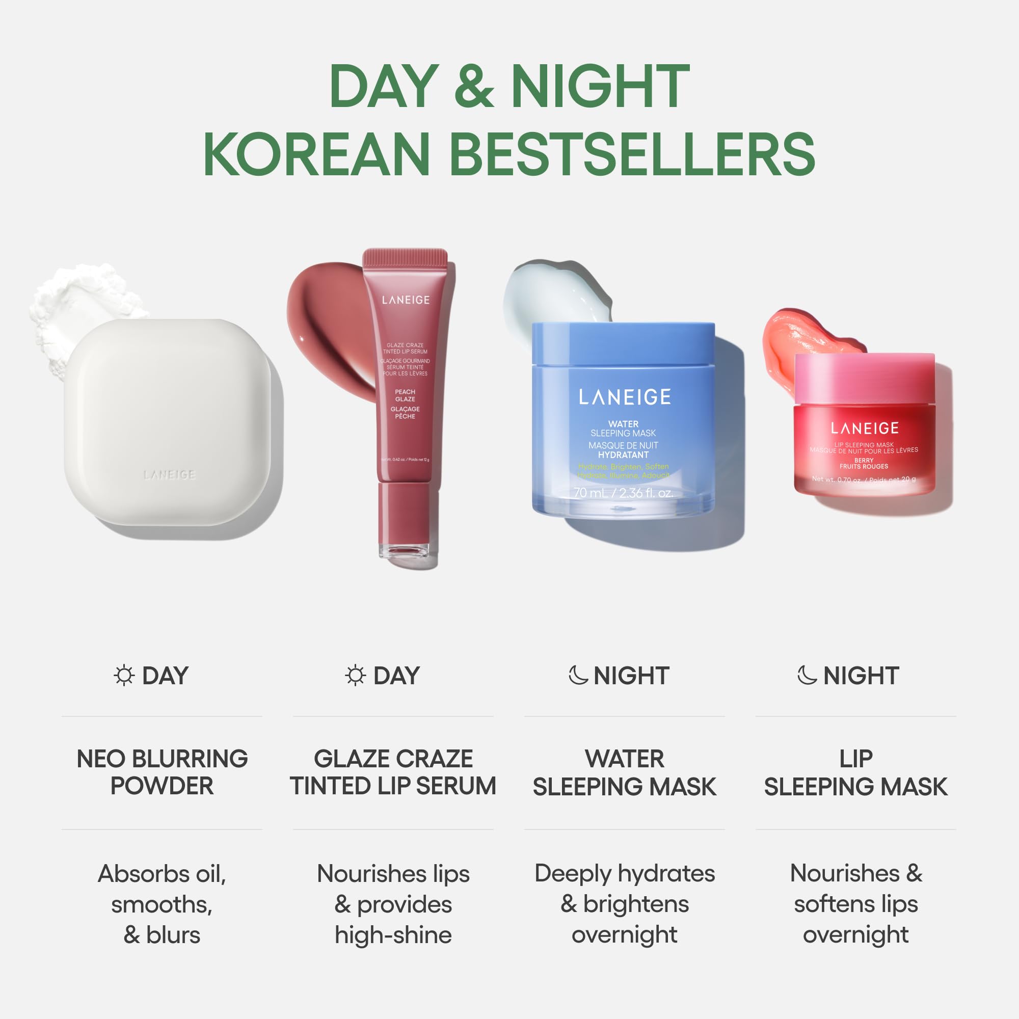 LANEIGE compact on vanity with accessories; curated beauty setup