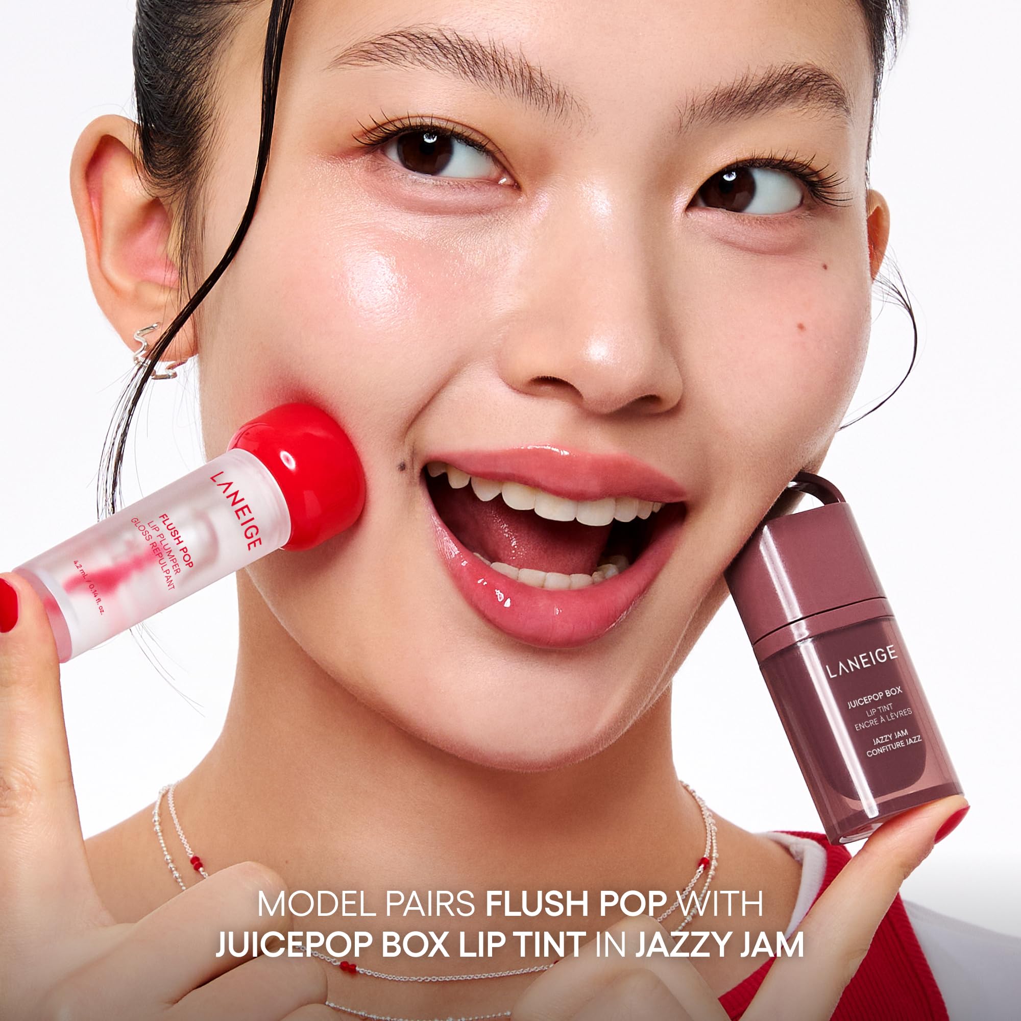 LANEIGE layered over lipstick demonstrating added shine and protection
