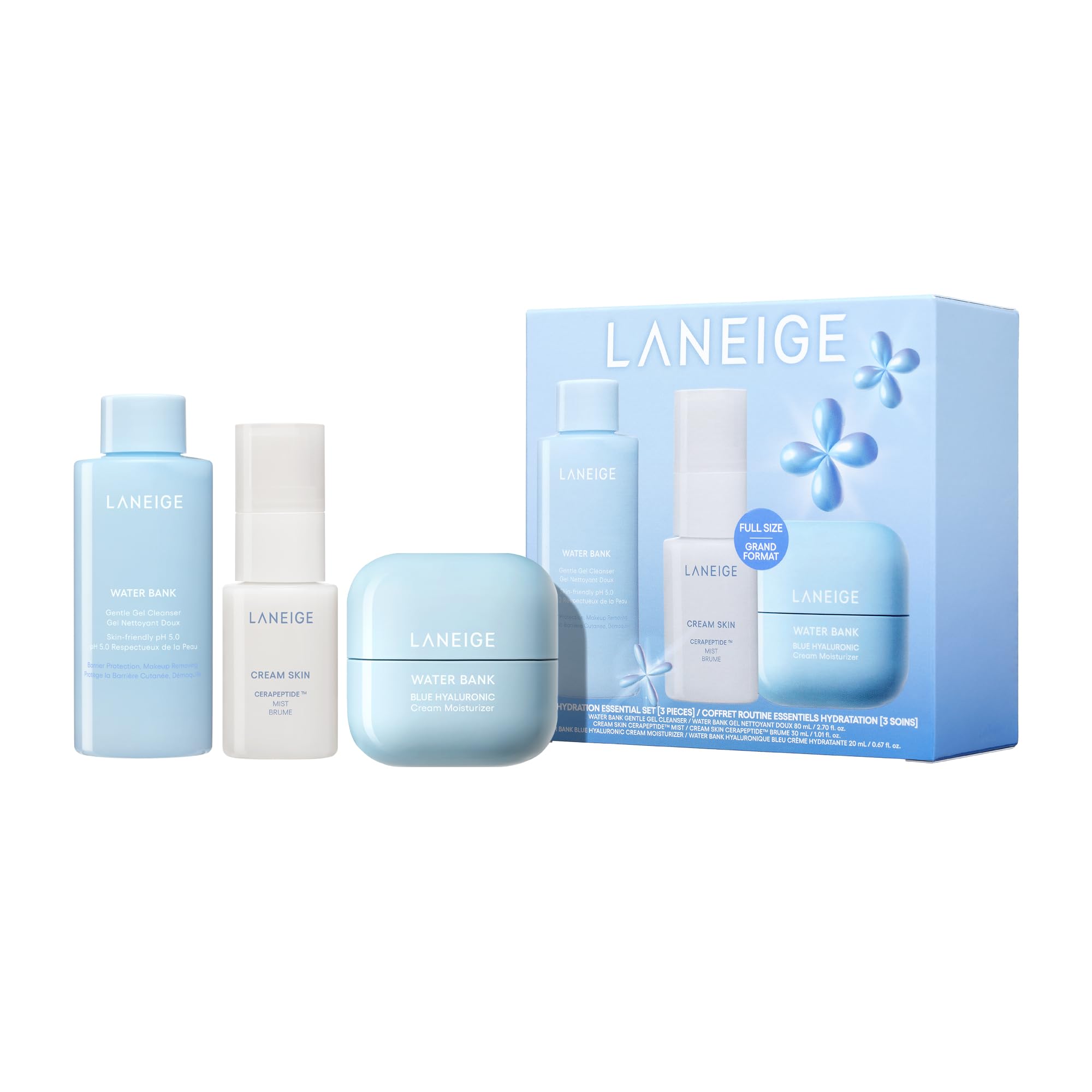 LANEIGE front packaging of the hydration set showing product trio and benefits