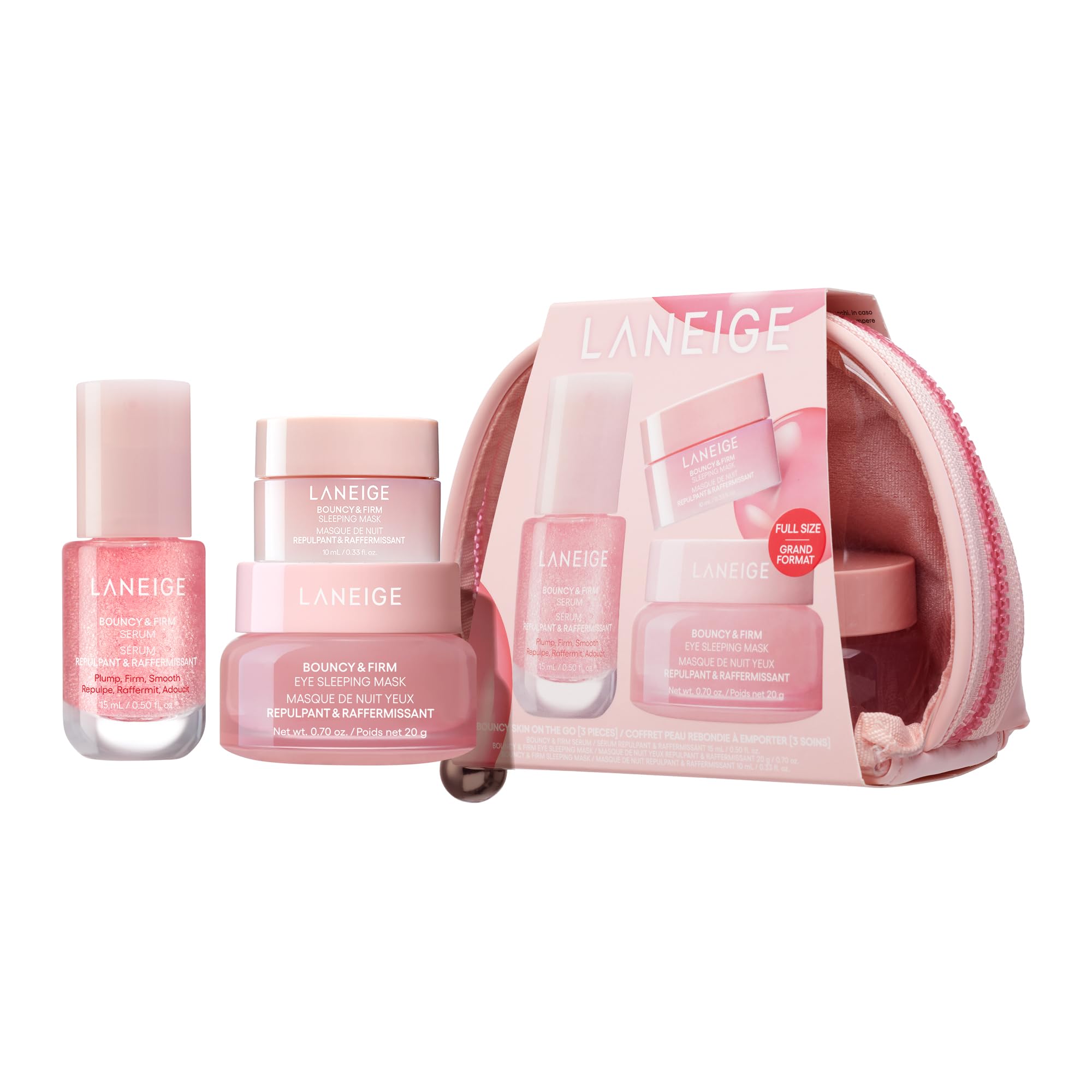 LANEIGE front packaging showing kit contents and travel pouch benefit