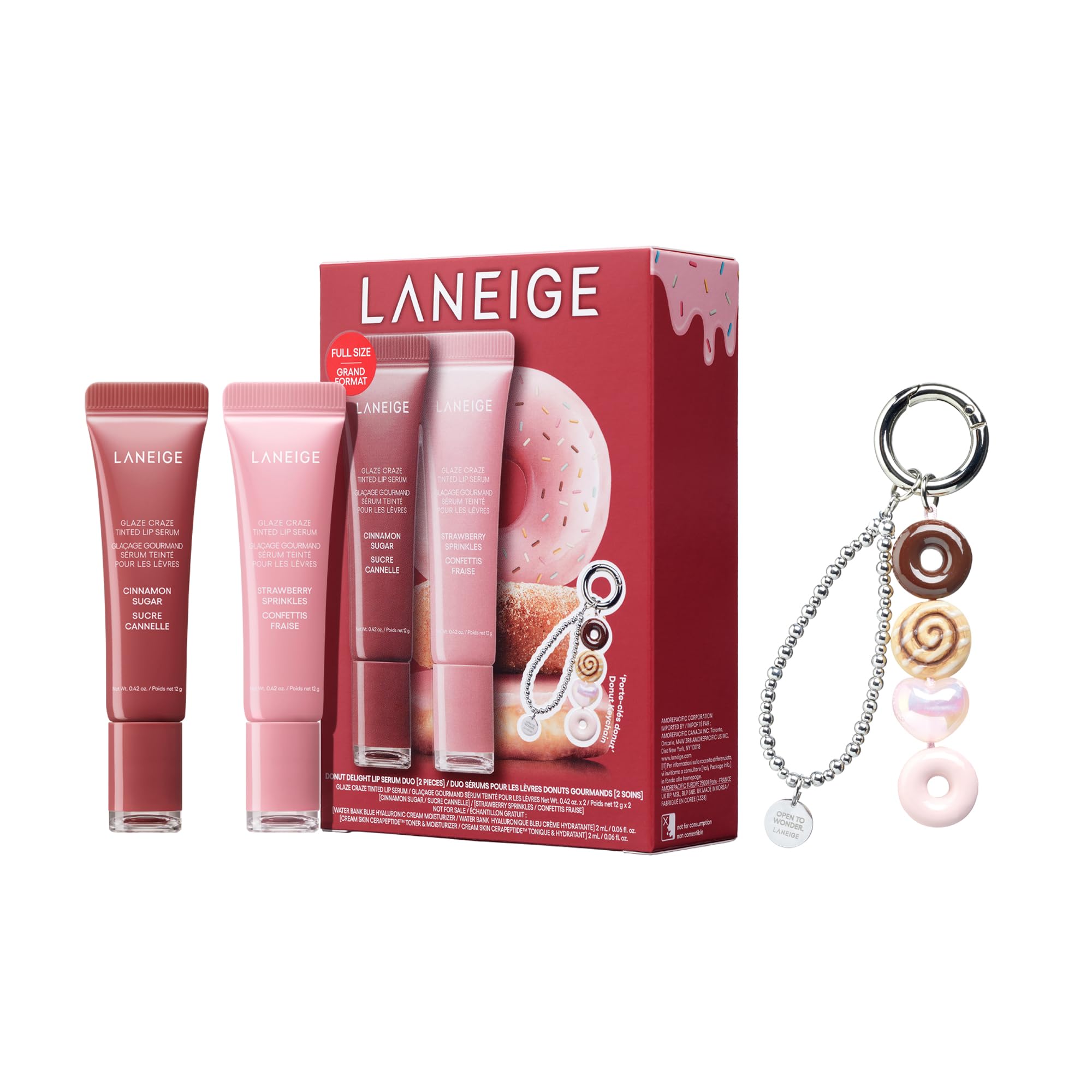 LANEIGE front packaging showing both serum tubes and donut keychain for gift-ready set