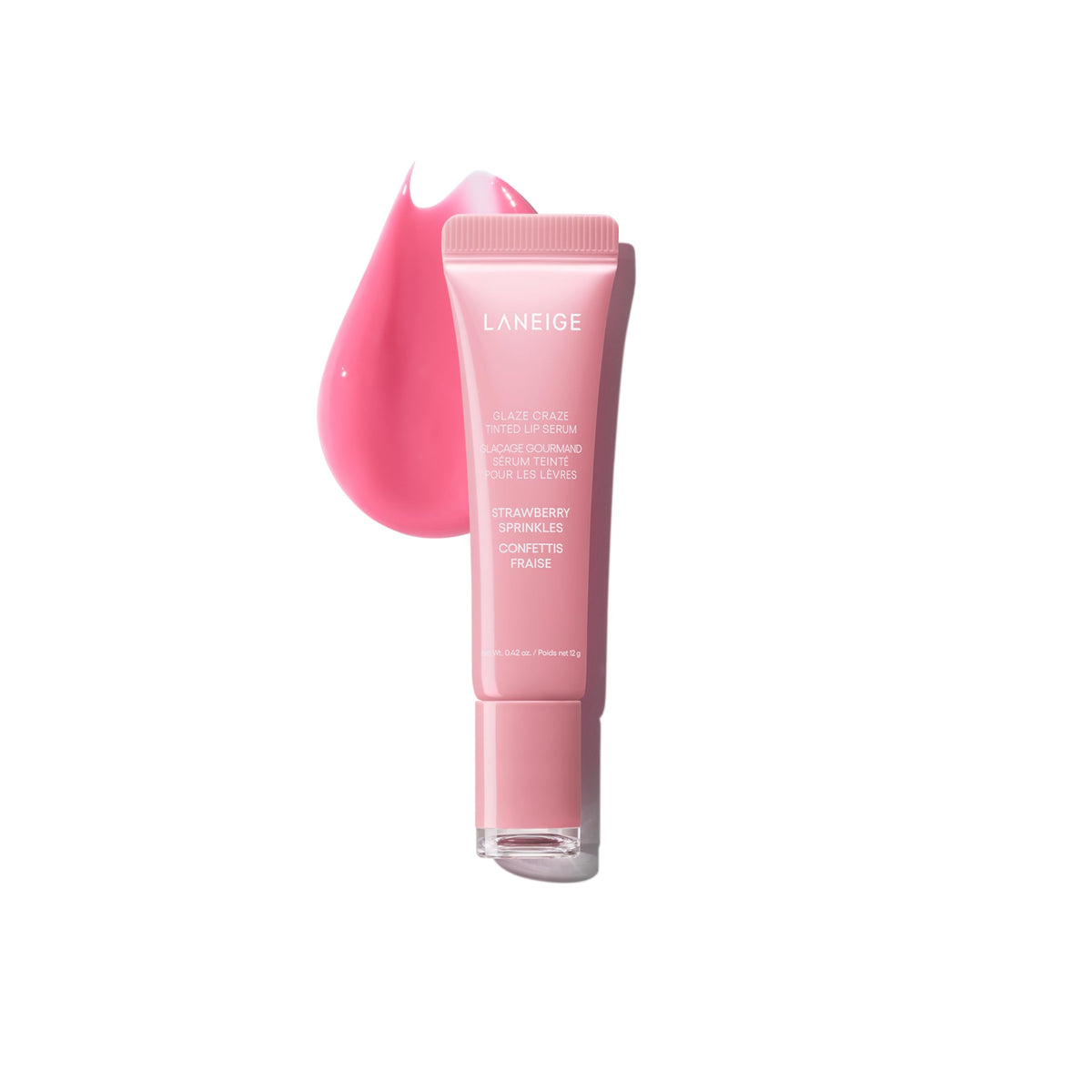 LANEIGE front packaging showing Strawberry Sprinkles and glossy tube benefit