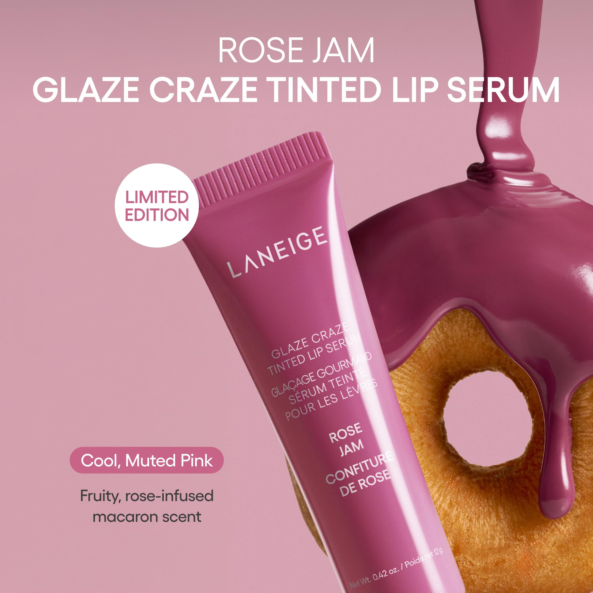 LANEIGE macro of Rose Jam on lips showing cool pink color and plumped appearance