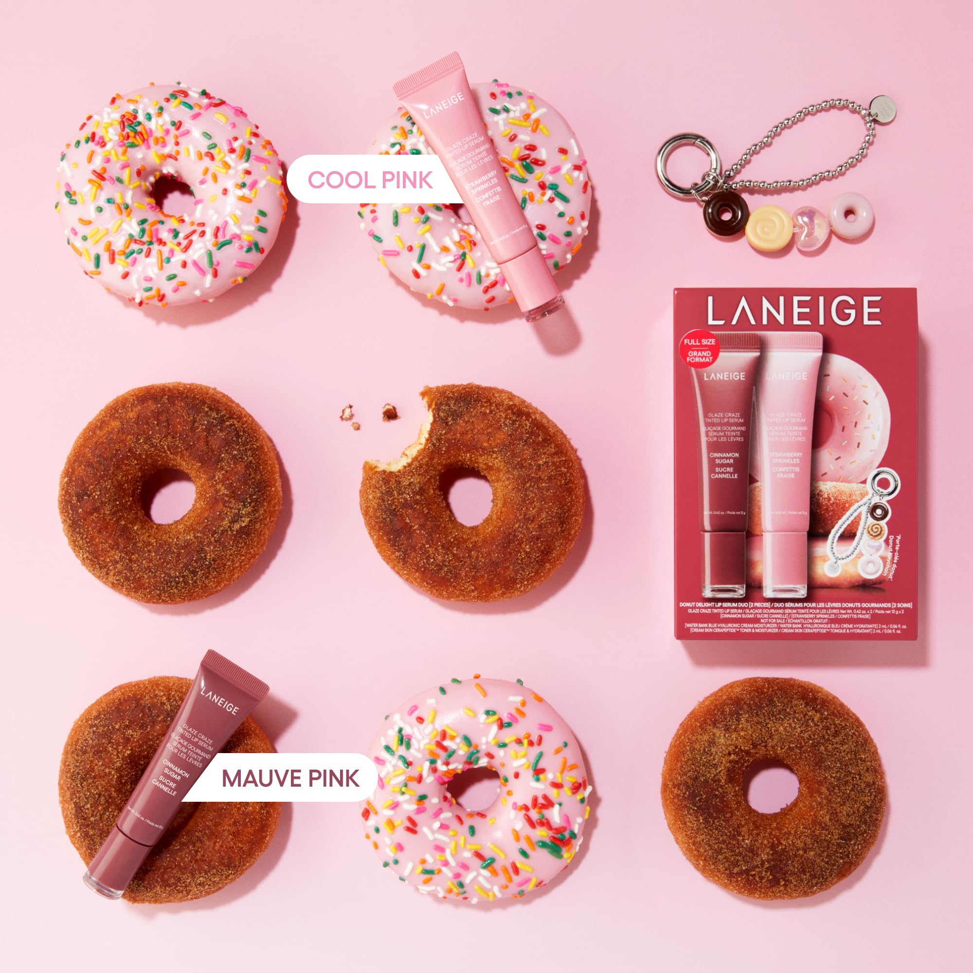 LANEIGE swatches of Cinnamon Sugar and Strawberry Sprinkles showing buildable color options