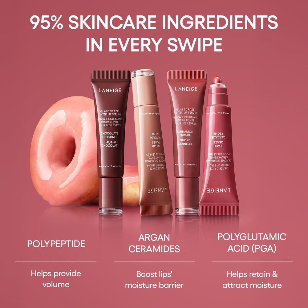 LANEIGE Glaze Craze used as a topper over lipstick showing instant shine benefit