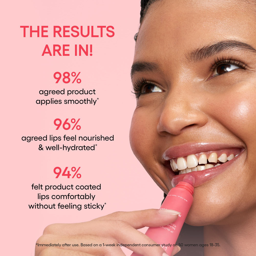 LANEIGE balm applied on lips showing glossy berry sheen that enhances natural color