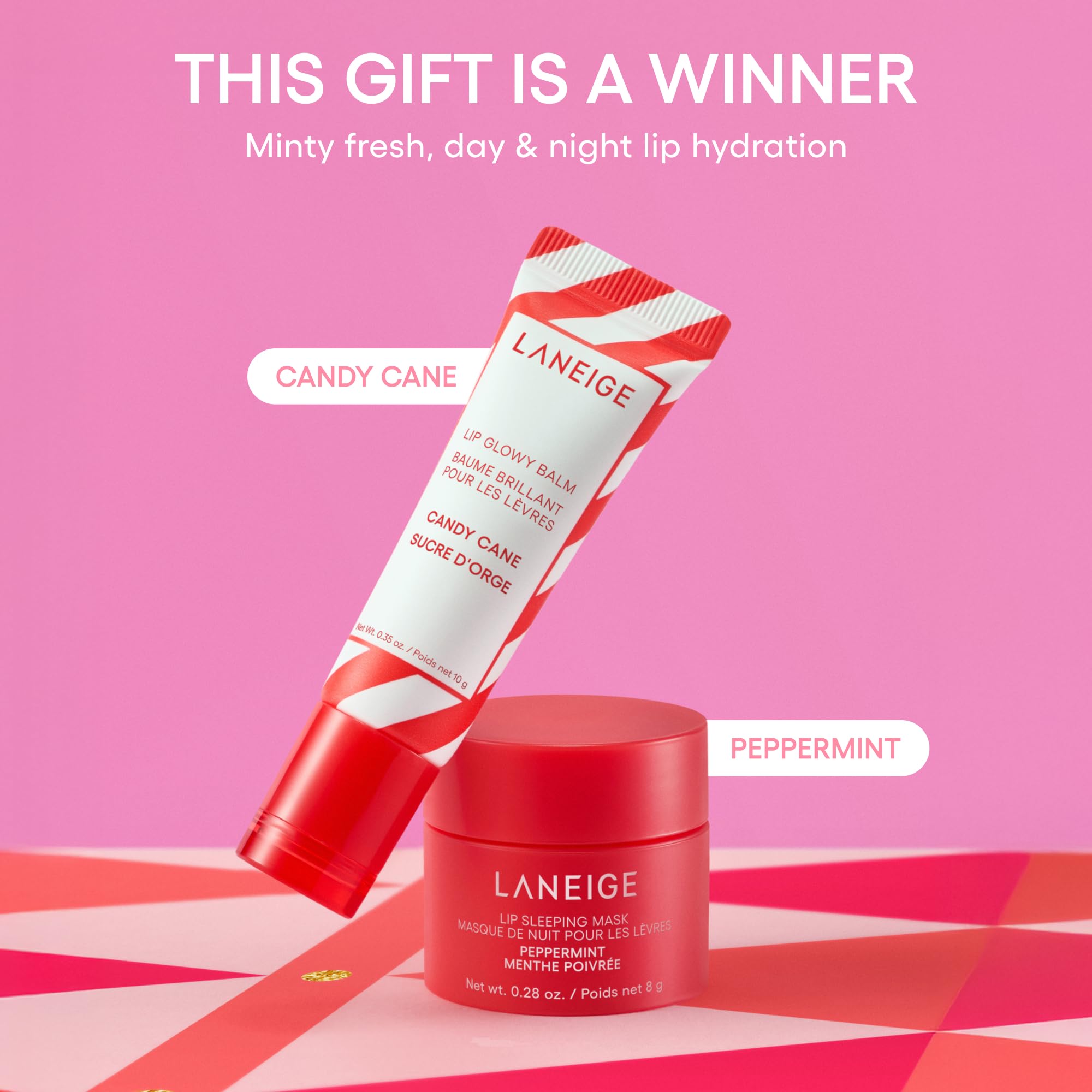 LANEIGE Lip Glowy Balm Candy Cane open showing balm surface and easy application benefit
