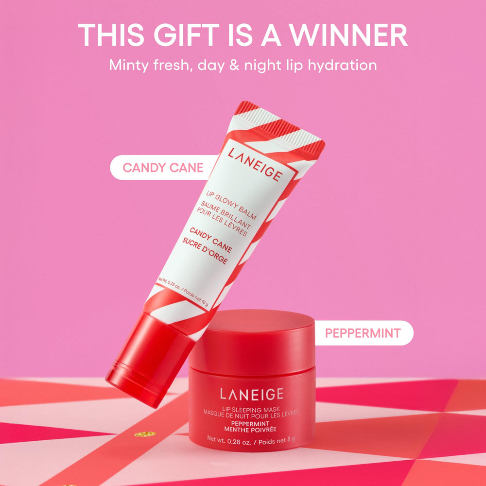 LANEIGE Lip Glowy Balm Candy Cane open showing balm surface and easy application benefit
