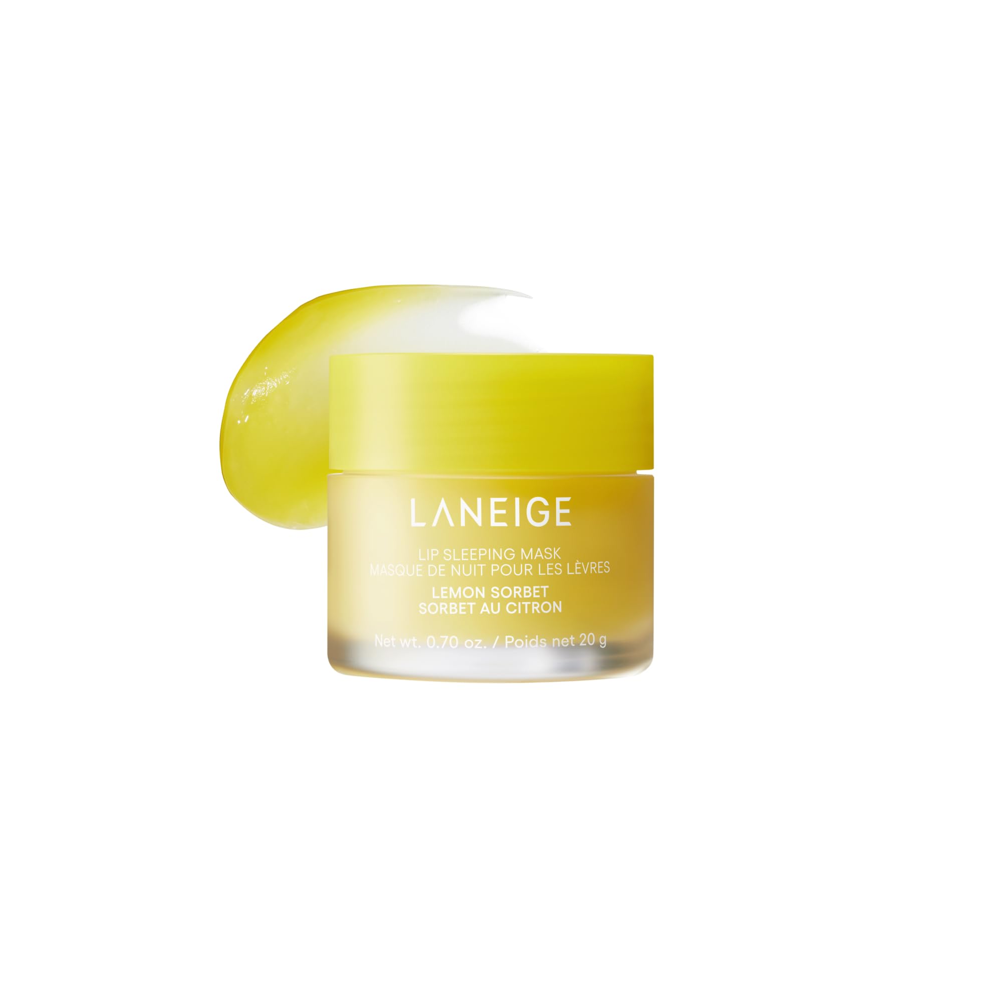 LANEIGE front jar showing Lemon Sorbet scent and easy scoop application benefit