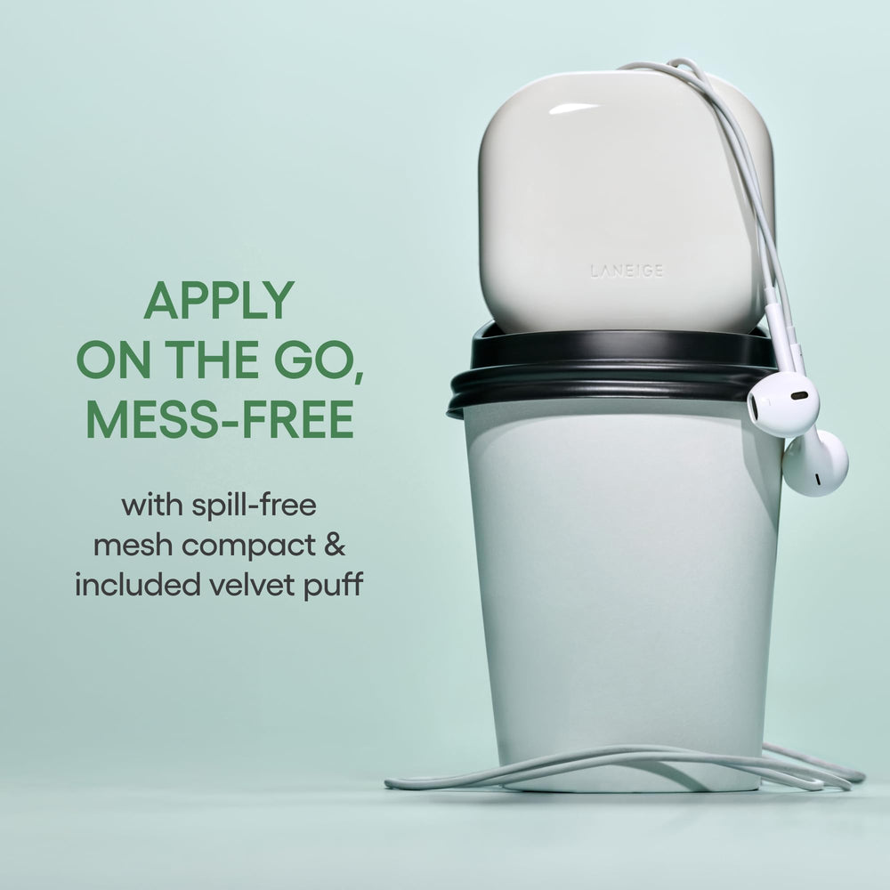 LANEIGE compact held in hand to show scale and convenient portability