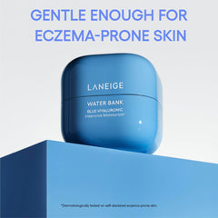 LANEIGE open jar top view revealing blue-tinted cream and absorbent micro-droplets benefit