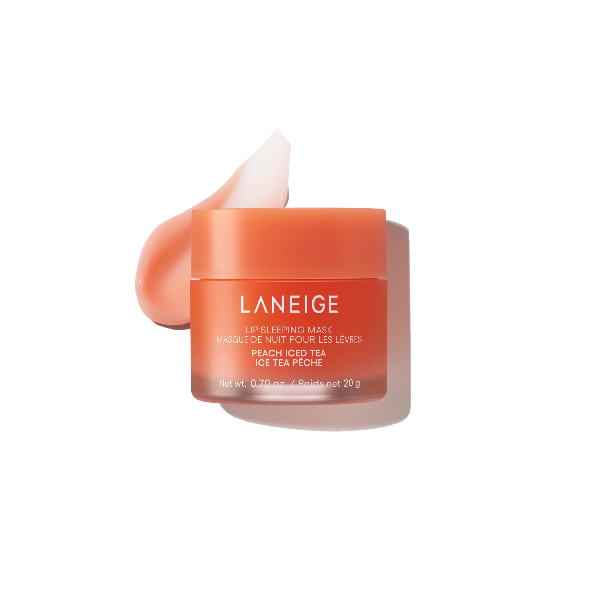 LANEIGE jar front view showing Peach Iced Tea label and vivid packaging for quick ID