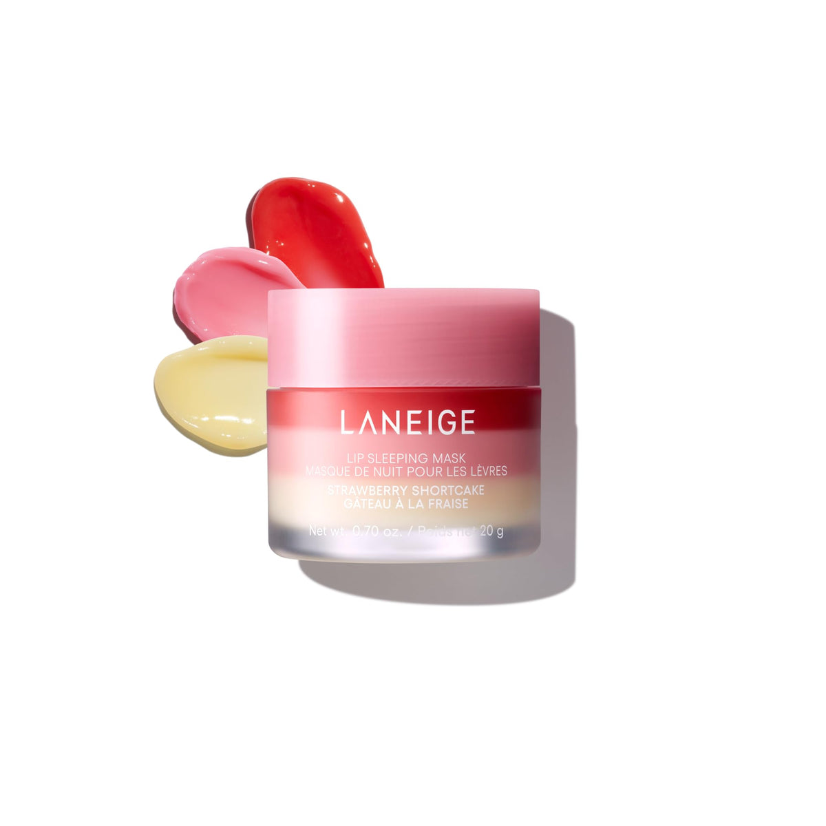 LANEIGE front jar view showing Strawberry Shortcake scent and overnight benefit