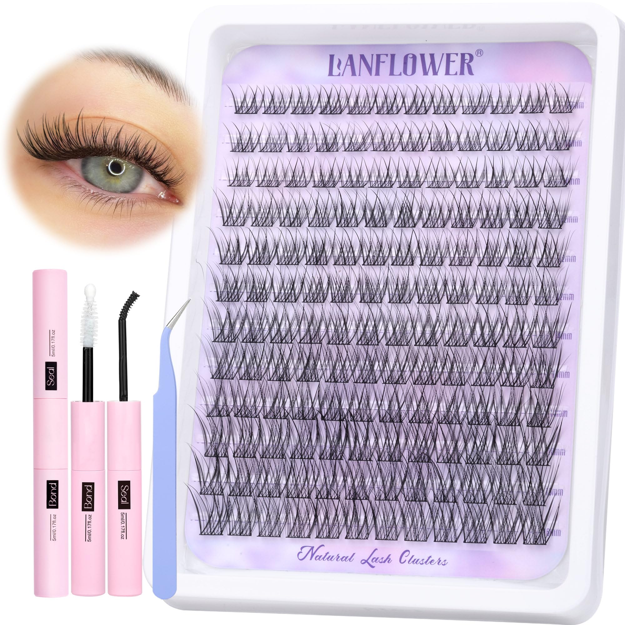 Lanflower natural lash clusters kit packaging shows a compact, portable set for DIY lashes.