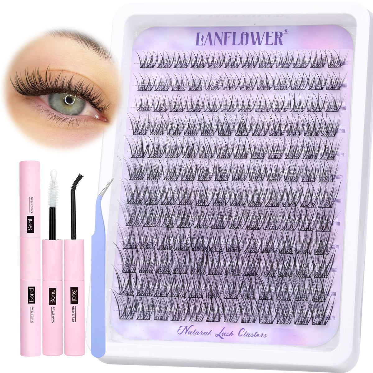 Lanflower natural lash clusters kit packaging shows a compact, portable set for DIY lashes.