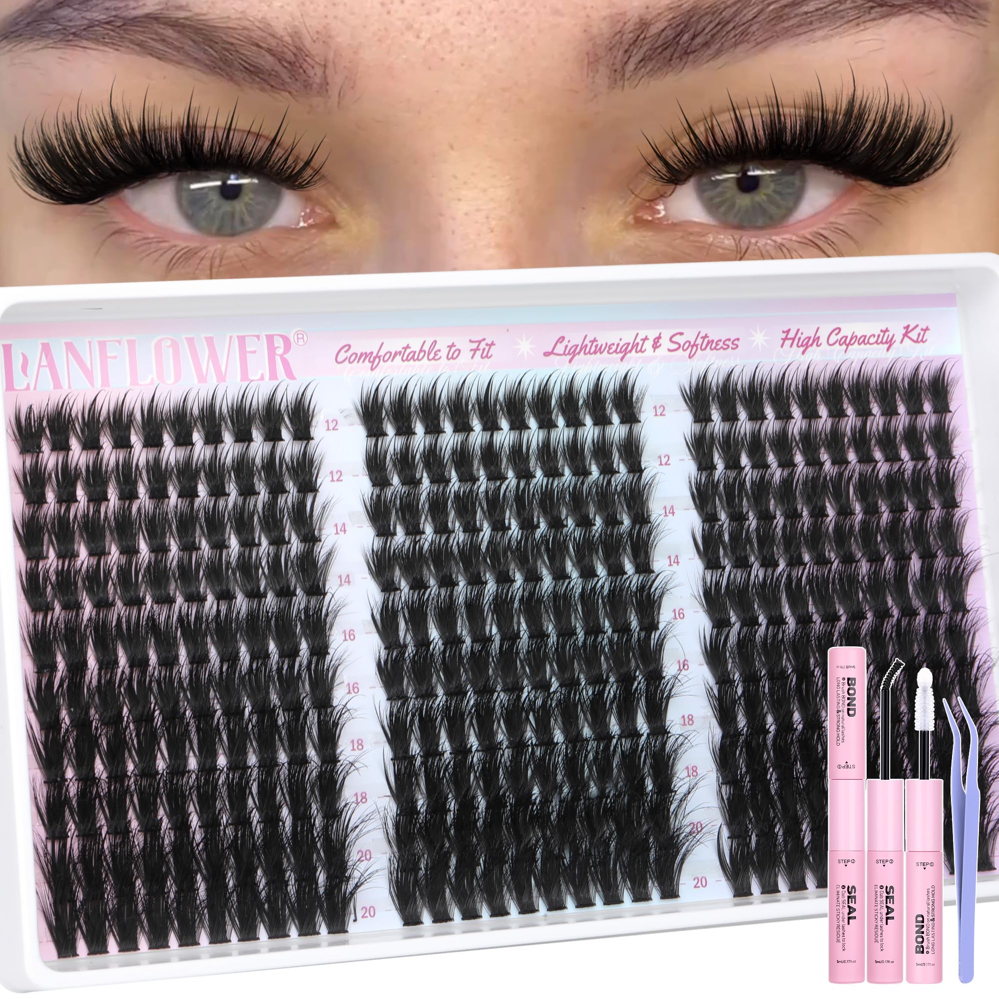 Lanflower Wispy Lash Clusters Kit packaging image shows easy at home styling options