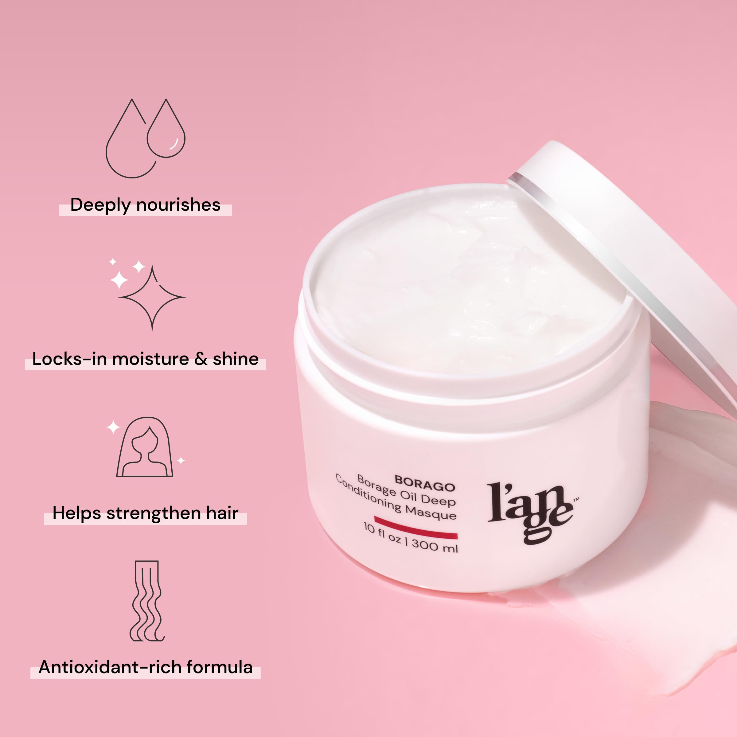 L'ANGE HAIR Borago Masque jar back view showing sulfate- and paraben-free formula