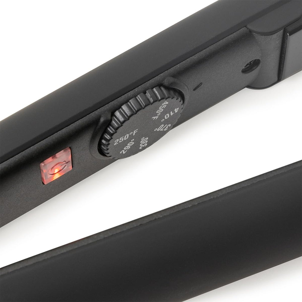 L'ANGE HAIR Le Ceramique 1-Pass Flat Iron black-finish on-desk for quick morning routines.
