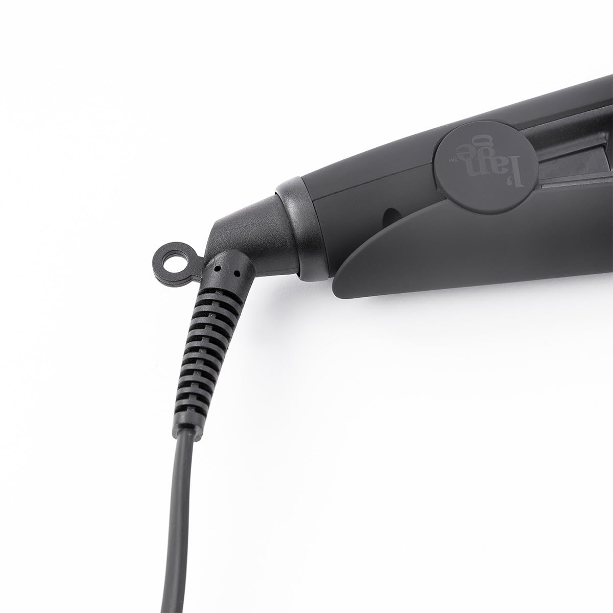 L'ANGE HAIR Le Ceramique 1-Pass Flat Iron in-use shot shows ergonomic grip.