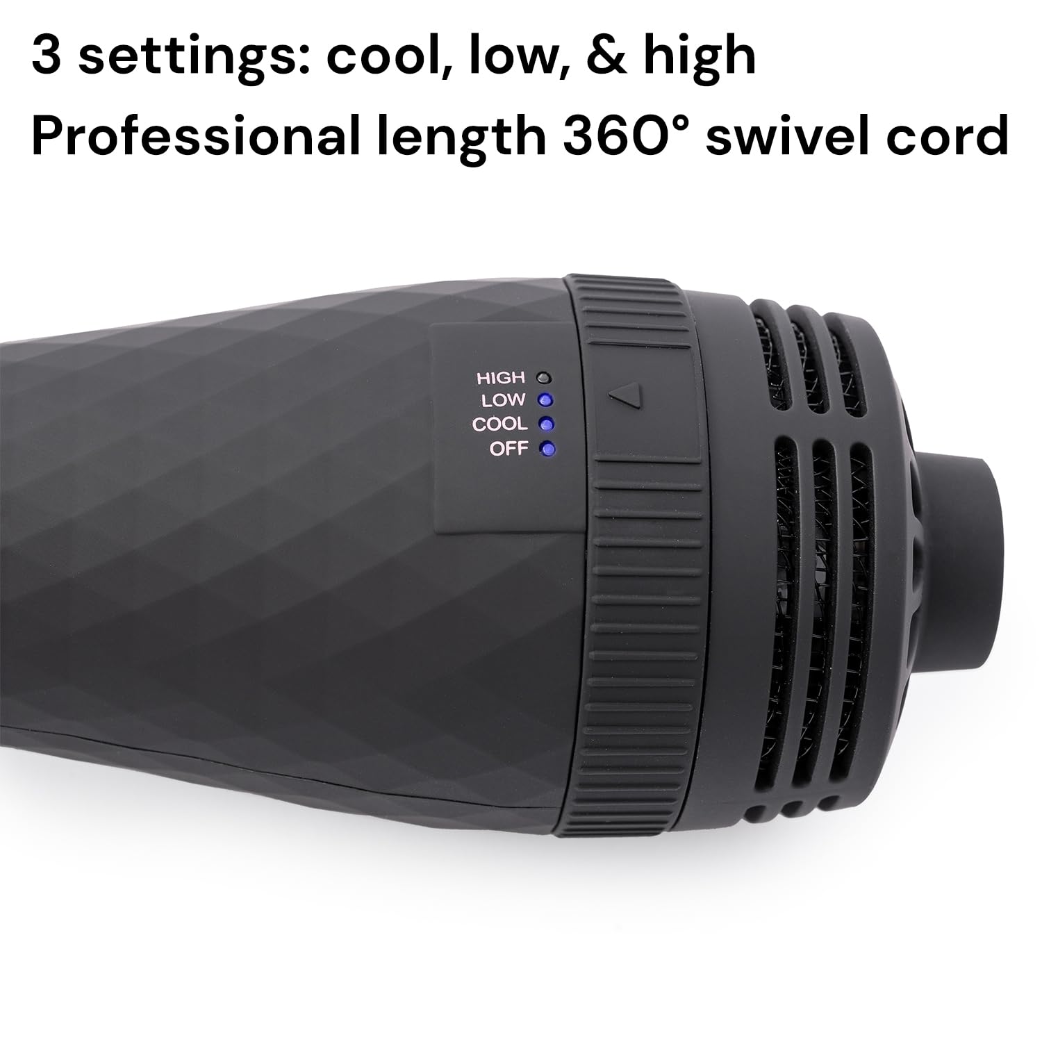 L'ANGE HAIR Le Volume LED settings indicate heat and airflow for precise control.