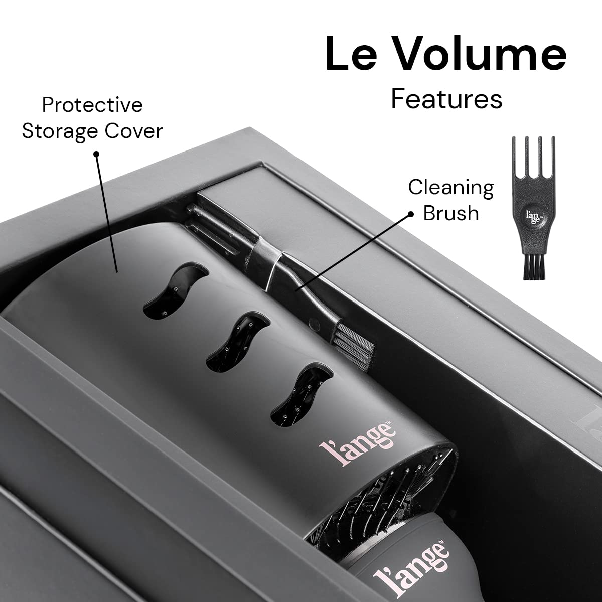 L'ANGE HAIR Le Volume with travel cover and cleaning brush for on-the-go styling.