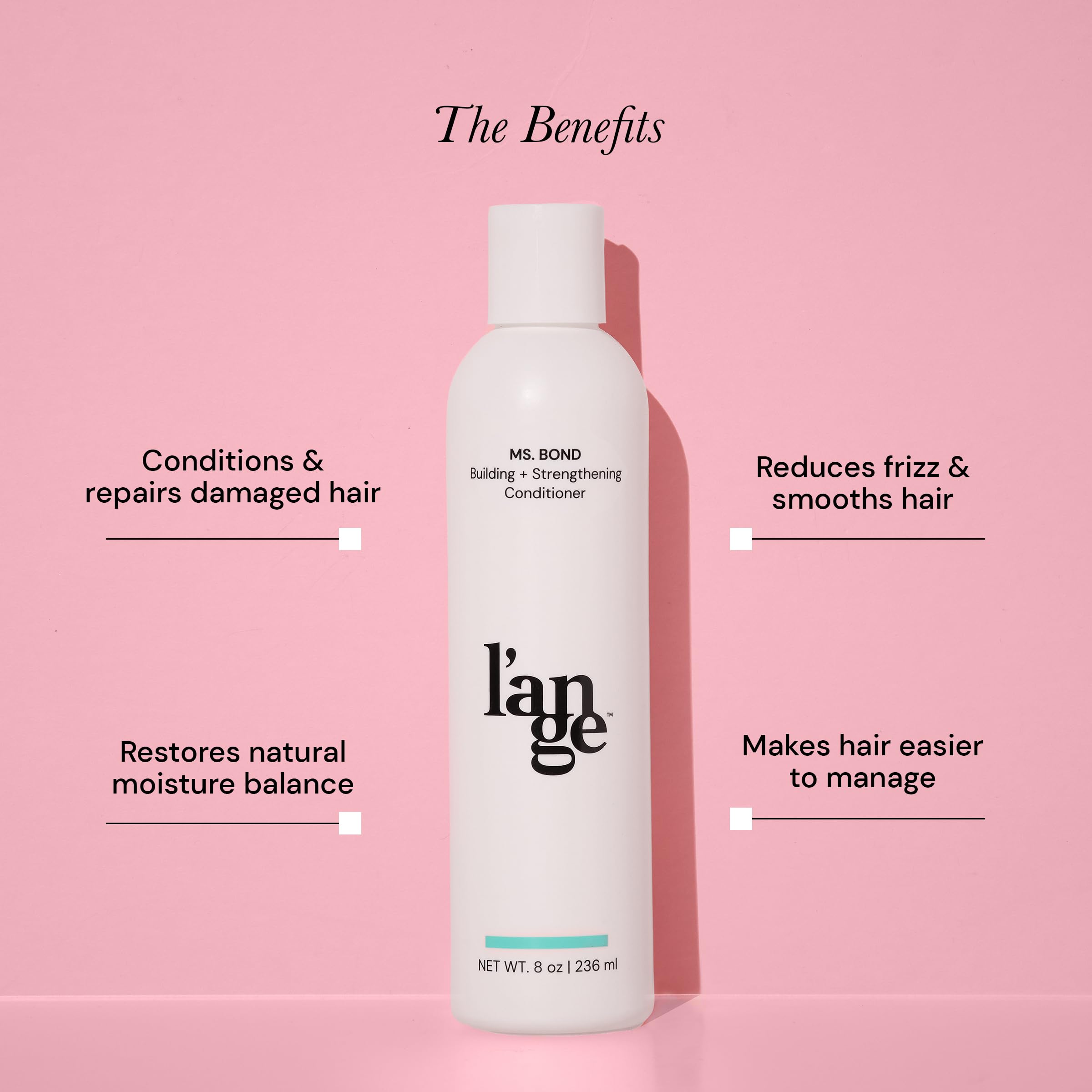 L'ANGE HAIR Ms. Bond closeup label highlighting ingredients and benefits.
