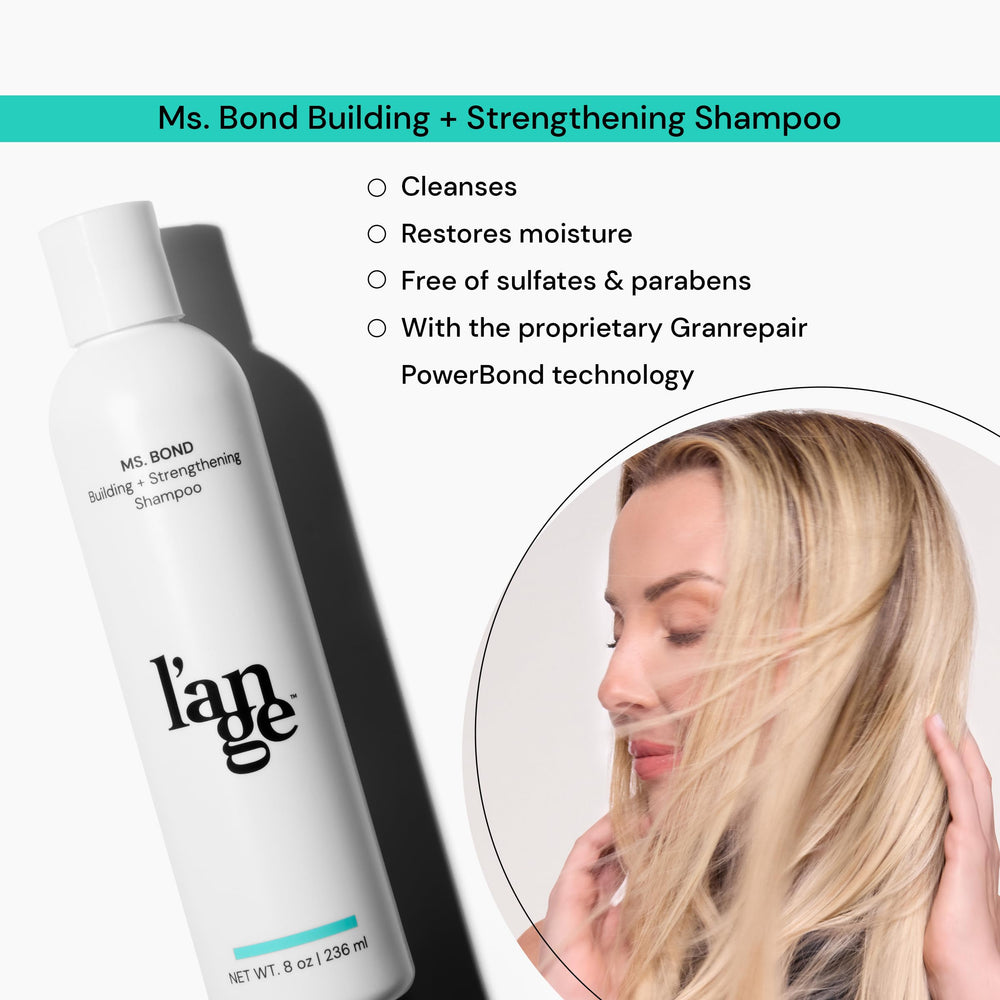 L'ANGE HAIR Ms. Bond Shampoo label detail flags GranRepair PowerBond benefits for hair bonds.
