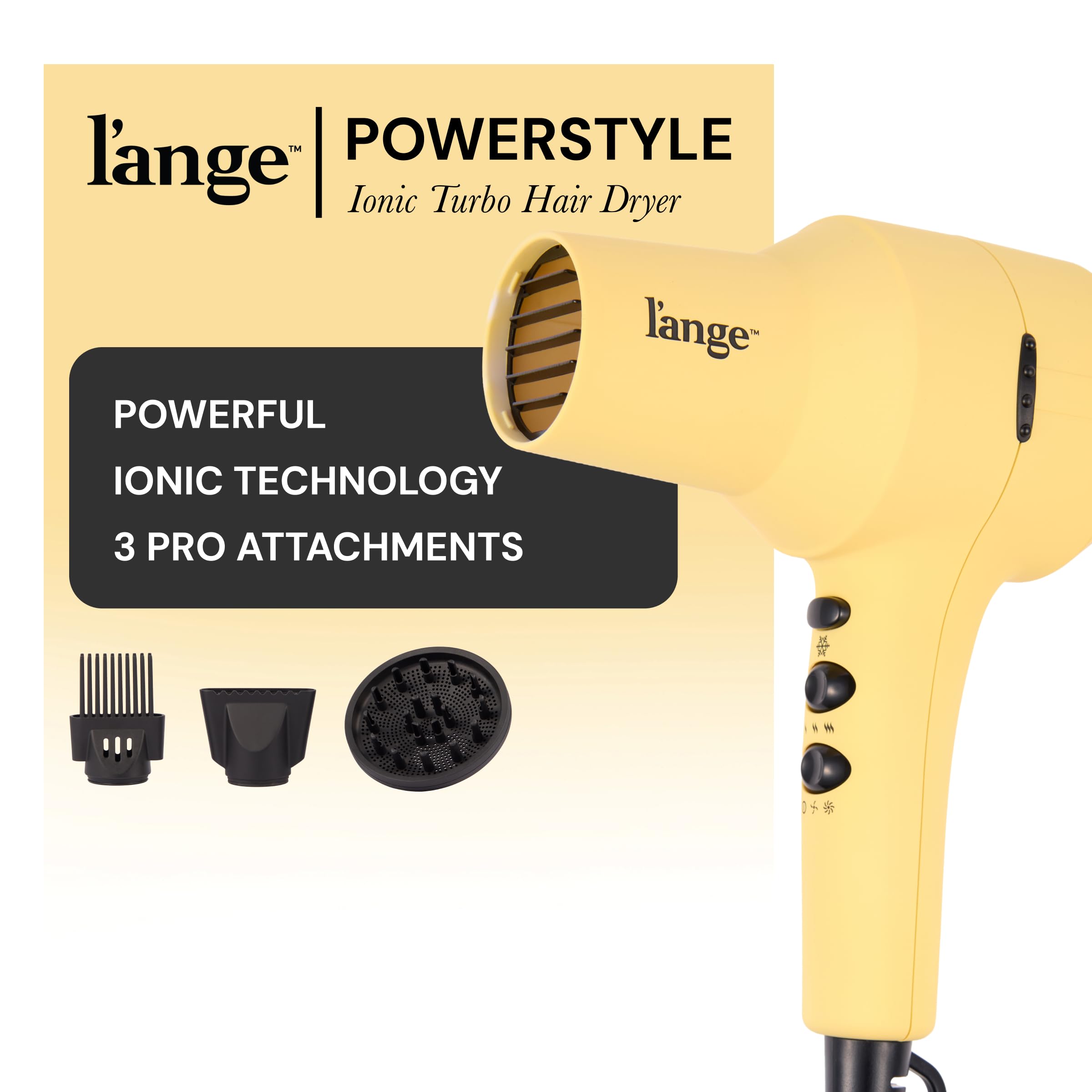 L'ANGE HAIR PowerStyle Ionic Turbo Dryer side view highlighting ergonomic handle for comfortable styling.