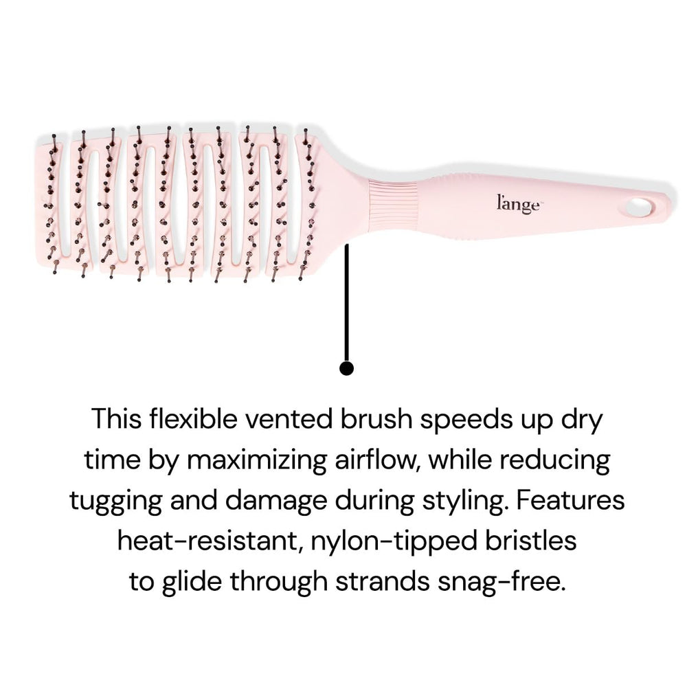 L'ANGE HAIR Siena blush-handheld brush demonstrates portable detangling for on-the-go hair care.