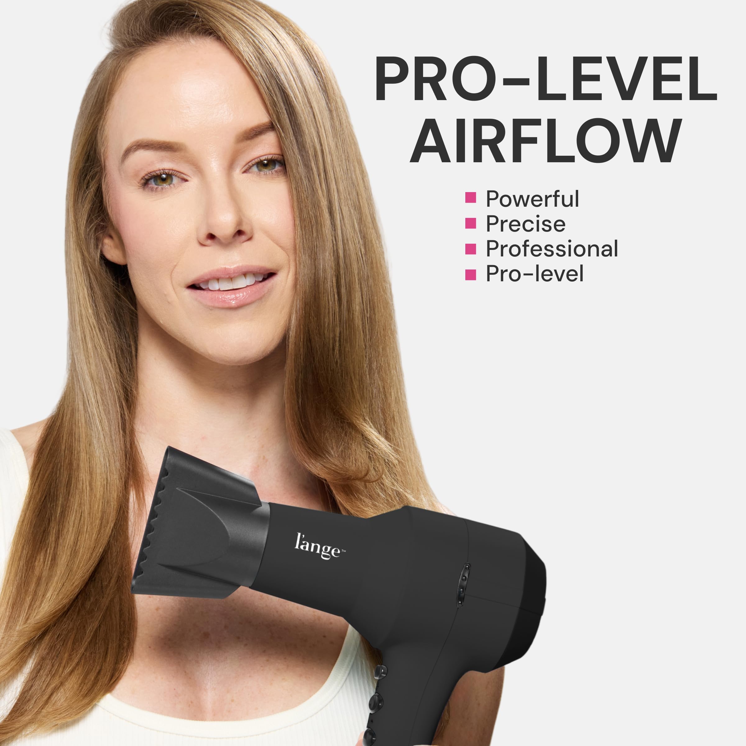 L'ANGE HAIR PowerStyle Ionic Turbo Hair Dryer back view highlights controls and cool shot.