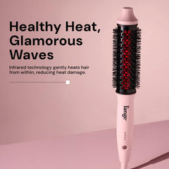 GlamWave barrel closeup showcases ceramic ionic finish for shine.