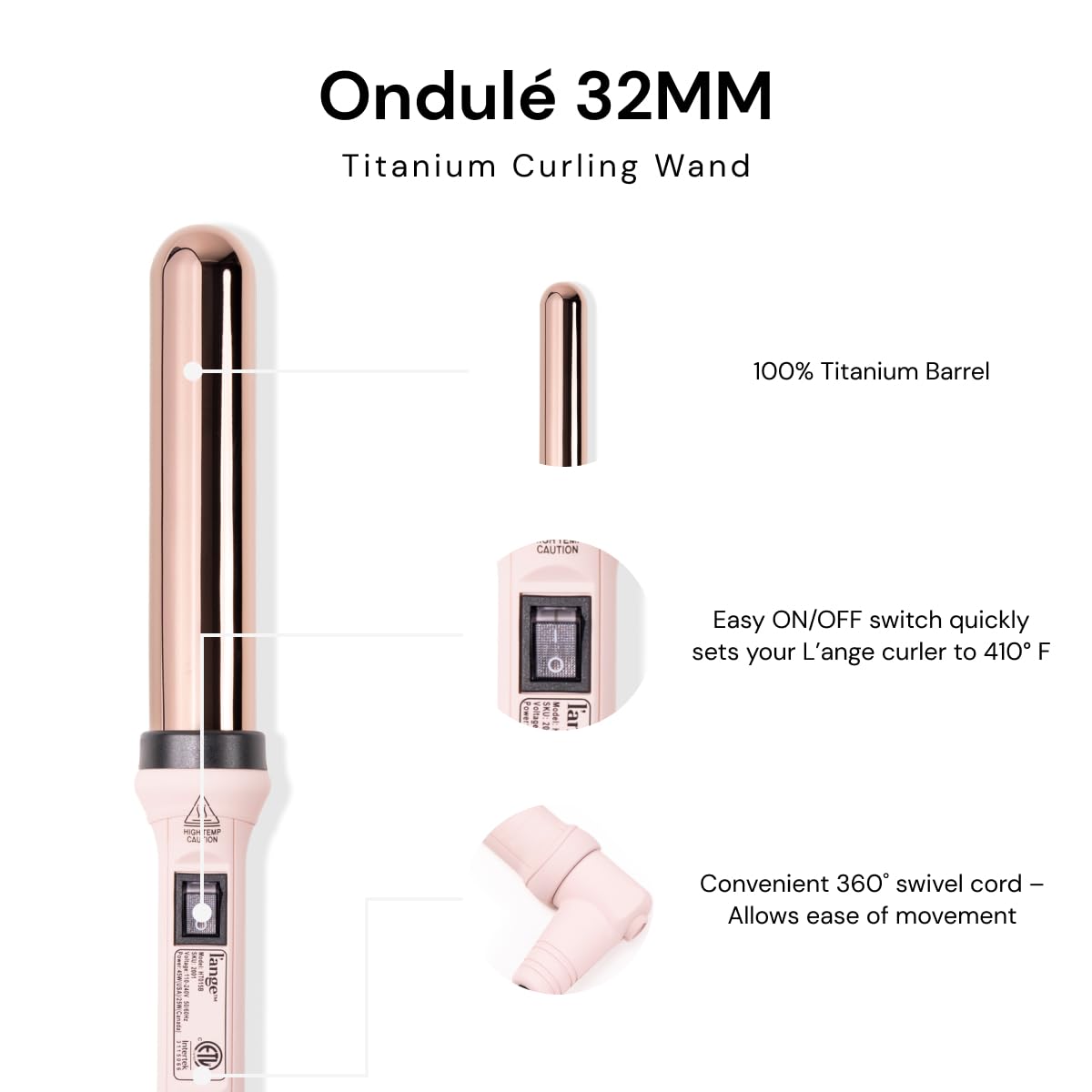 L'ANGE HAIR Ondulé 32mm curler in use showing easy styling with swivel cord.