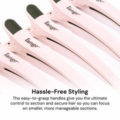 L'ANGE HAIR rubber sectioning clip blush pack demonstrates non-slip grip for easy styling.