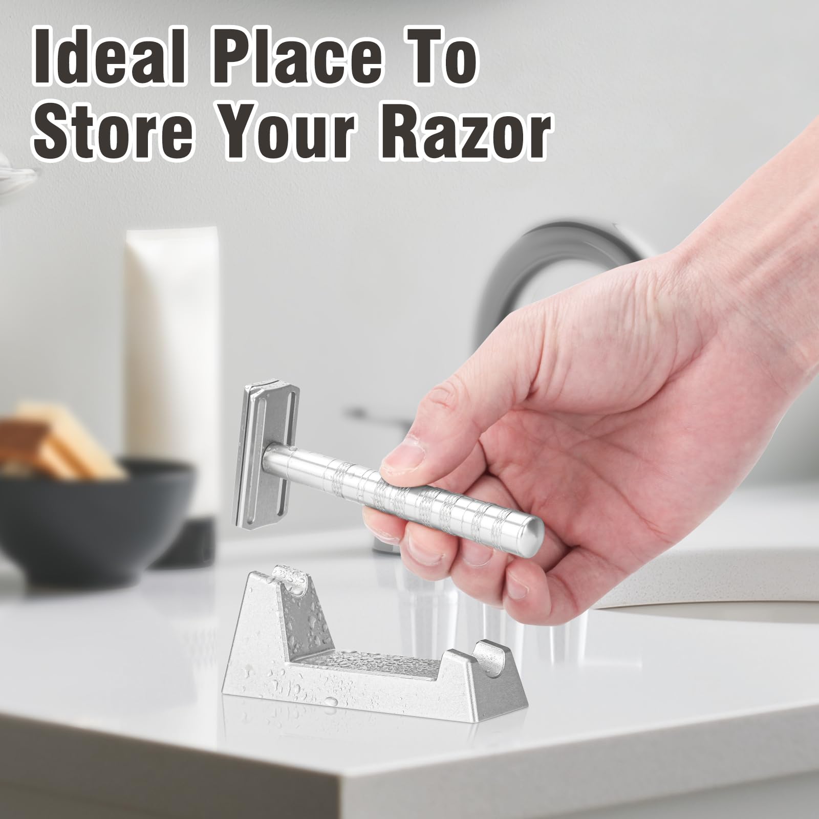 LANGZIHT razor stand display on shelf keeps razors organized and accessible.