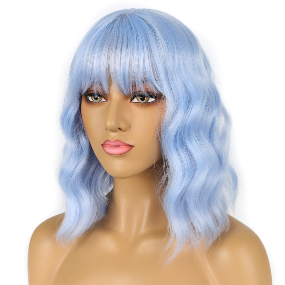 LANICE light blue short bob wig side view highlights loose waves and shoulder-length silhouette.