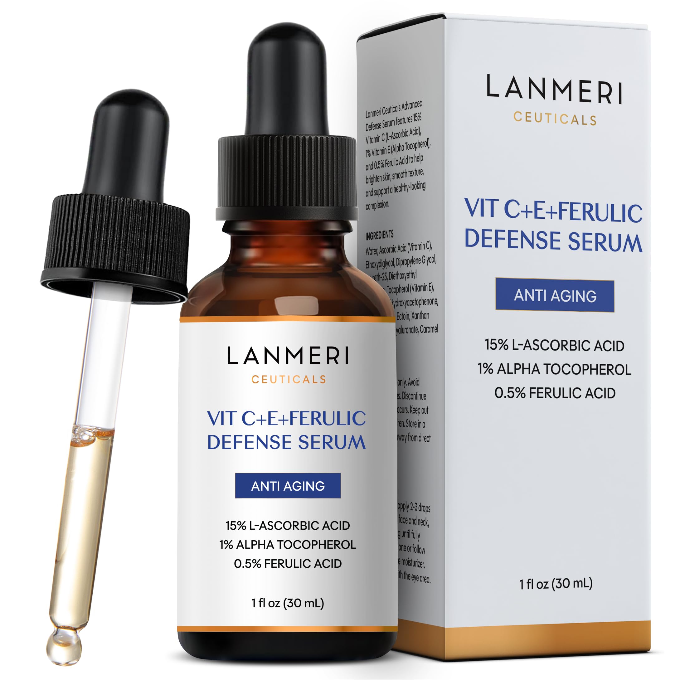 Lanmeri Ceuticals serum bottle pour demonstrates fast absorption for a lightweight feel.