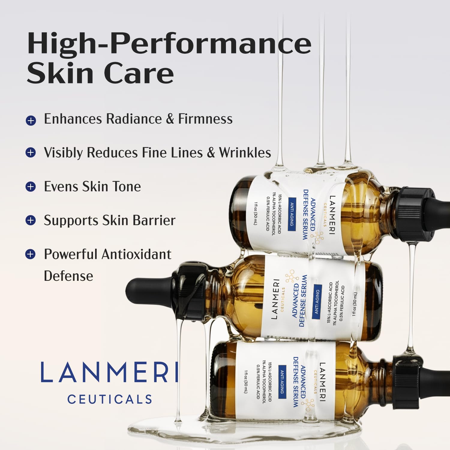 Lanmeri Ceuticals serum texture swirl highlights smooth application and quick drying finish.
