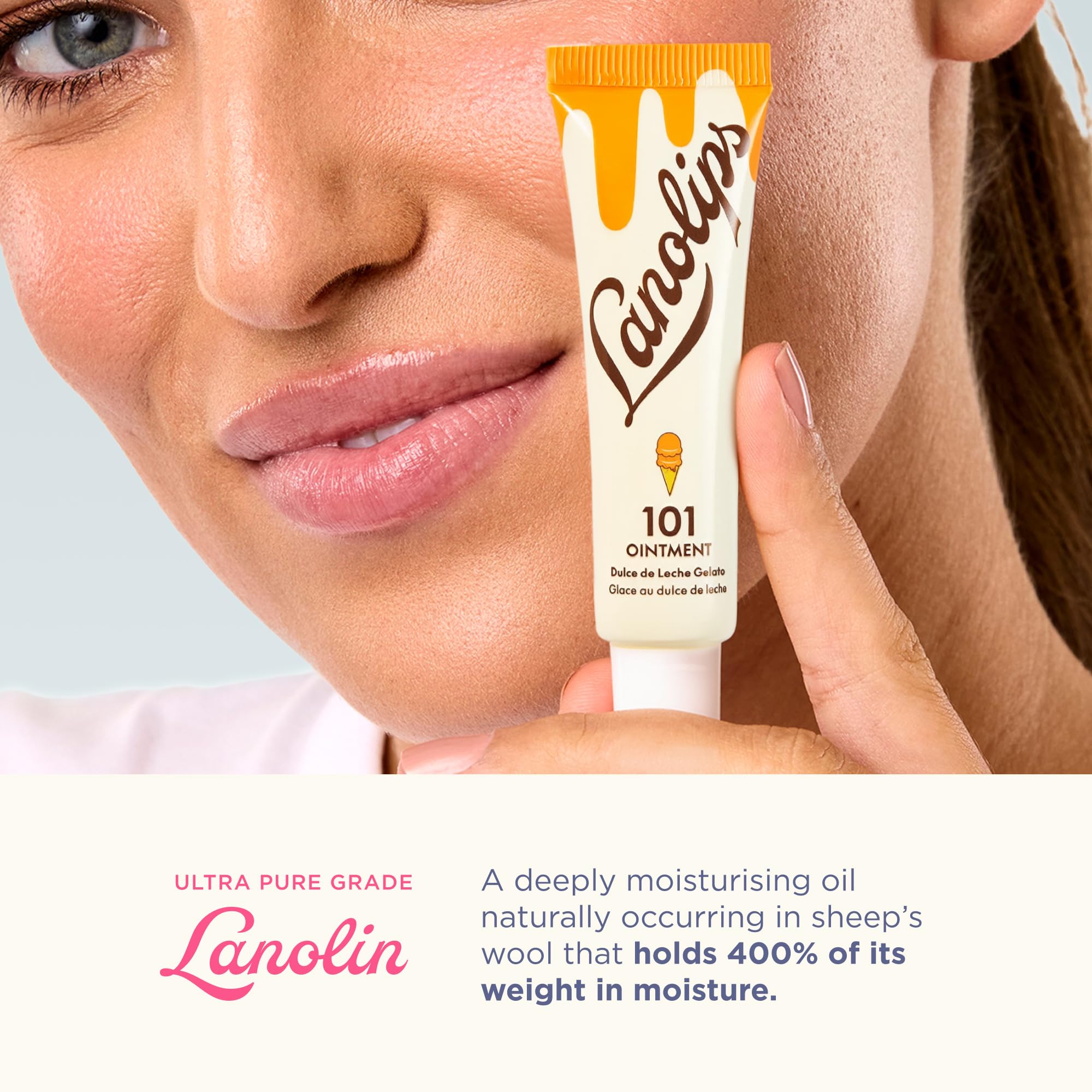 Lanolips 101 Ointment lip application shows smooth glide and healing-ready nourishment.