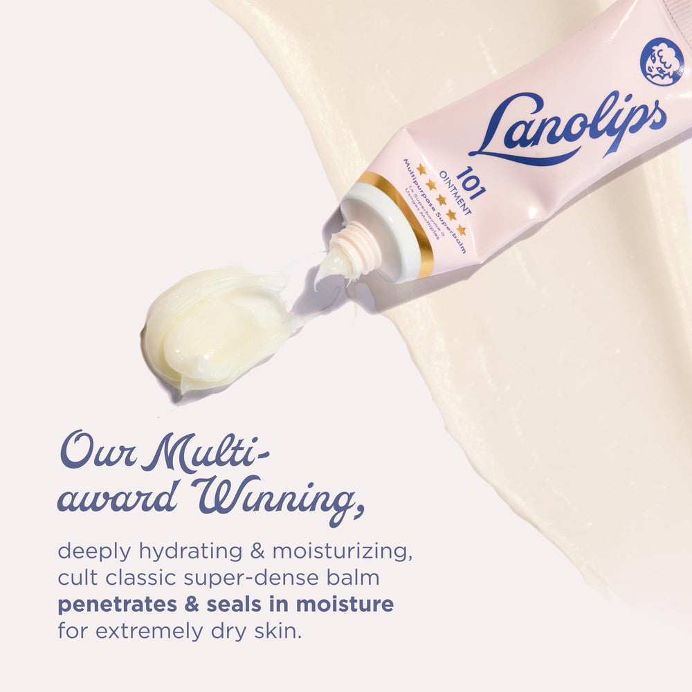 Lanolips 101 Ointment on lips showing quick hydration for dry lips.