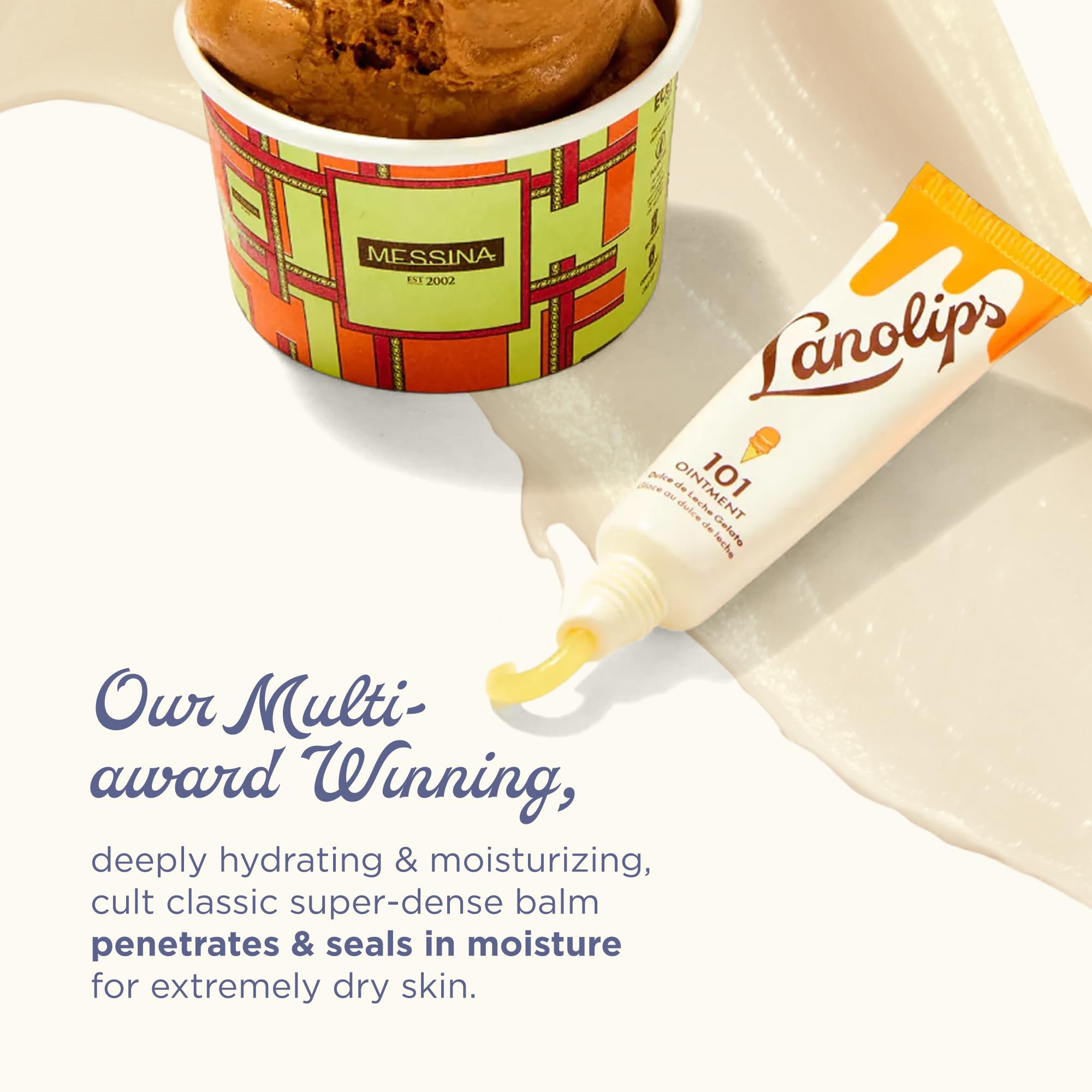 Lanolips 101 Ointment texture closeup highlighting creamy, non-greasy feel for dry lips.