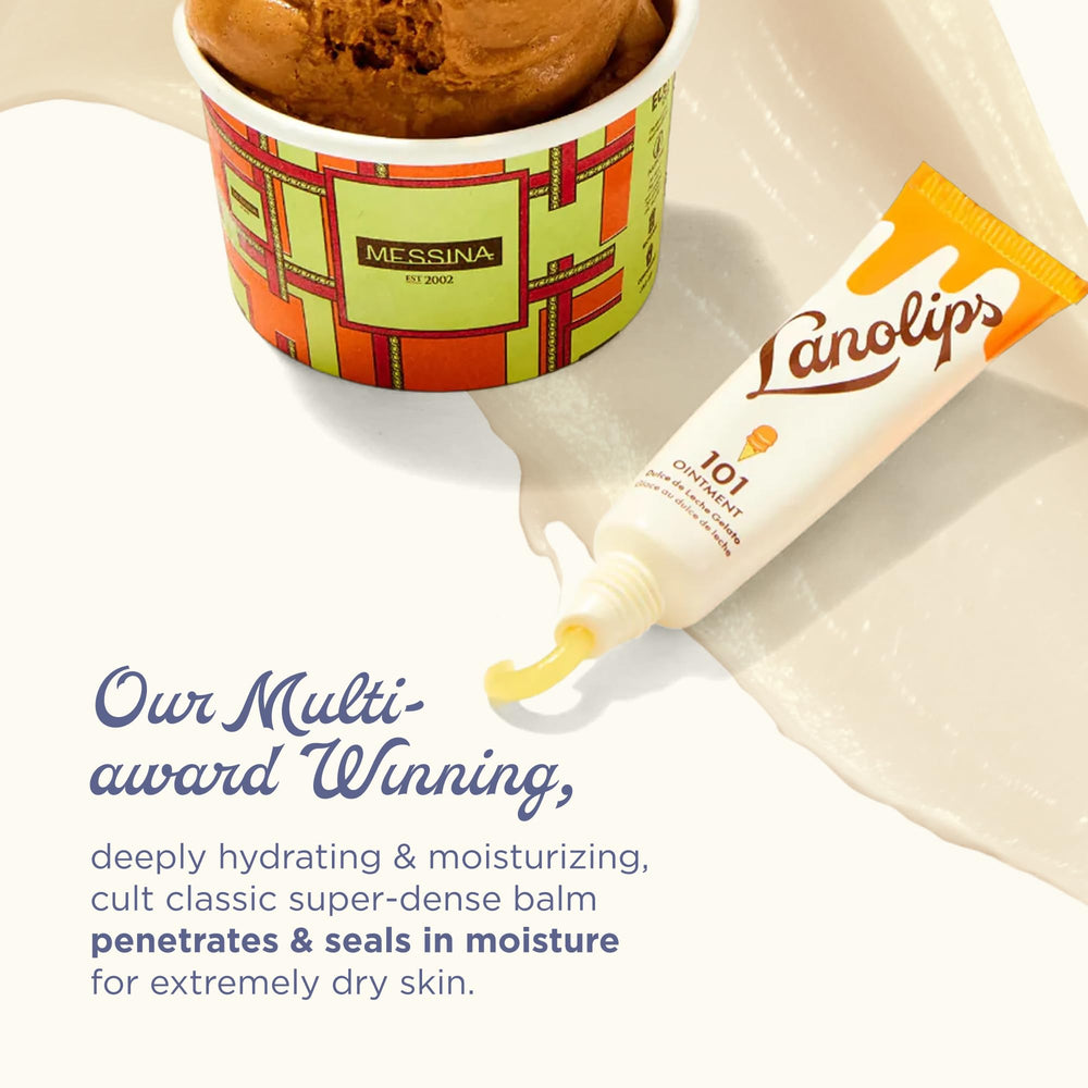 Lanolips 101 Ointment texture closeup highlighting creamy, non-greasy feel for dry lips.